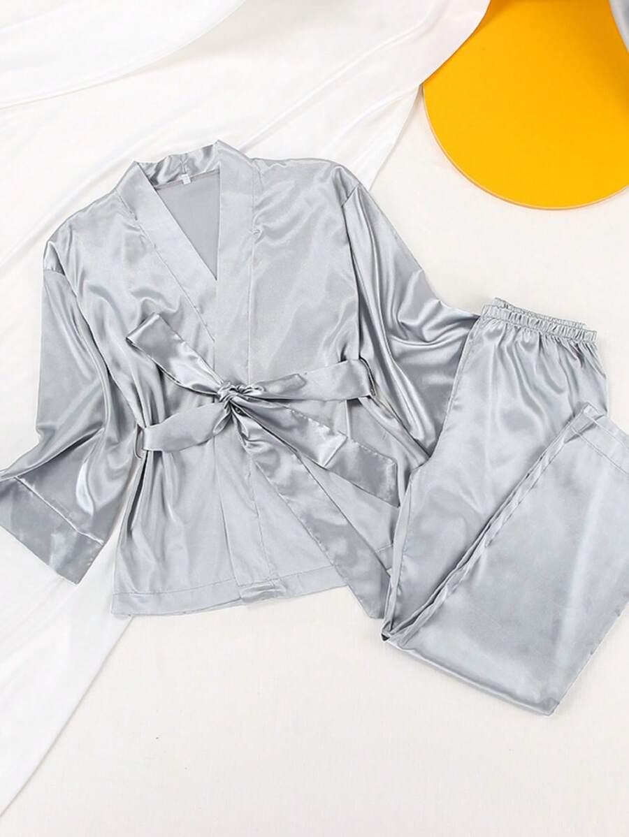 2pcs Women Solid Color Ice Silk Tied Long Sleeve Cardigan And Wide-Leg Pants Sleepwear Set, Comfy, Two Pieces Set 2pcs Women Solid Color Ice Silk Tied Long Sleeve Cardigan And Wide-Leg Pants Sleepwear Set, Comfy, Two Pieces Set