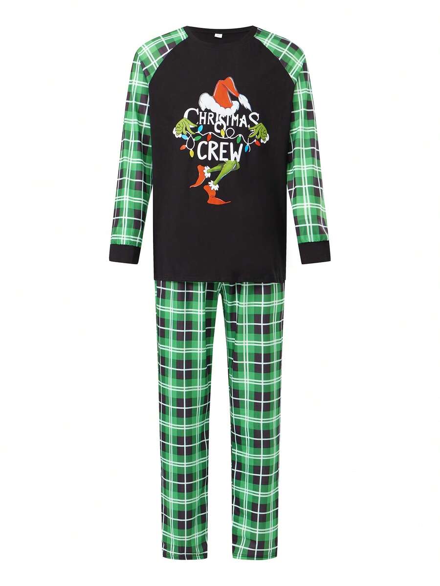 Christmas Parent-Child Pajama Set, Including A Green Monster-Patterned Long-Sleeved Top And Plaid Trousers. Christmas Loungewear. Christmas Parent-Child Pajama Set, Including A Green Monster-Patterned Long-Sleeved Top And Plaid Trousers. Christmas Loungewear.