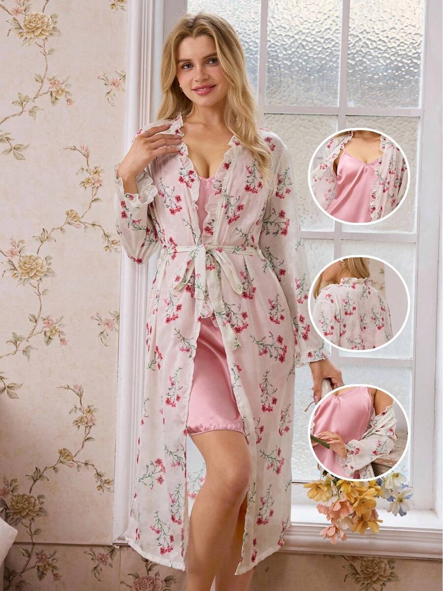 Two-piece floral print sheer jacket and satin slip dress set Two-piece floral print sheer jacket and satin slip dress set