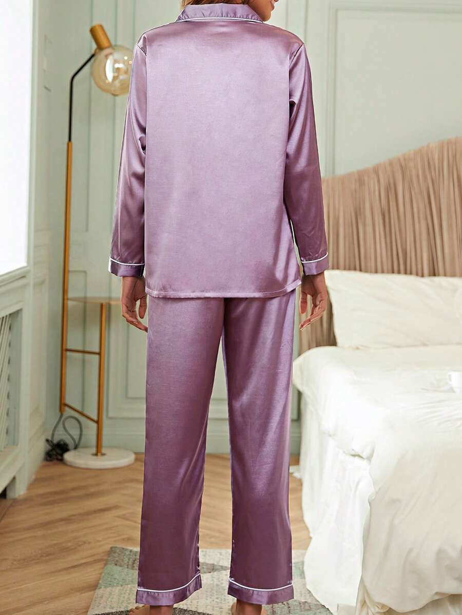 Contrast Piping Button Up Top & Pants Satin Pajama Set, Fall Winter Clothes Cozy And Elegant Details Contrast Piping Button Up Top & Pants Satin Pajama Set, Fall Winter Clothes Cozy And Elegant Details