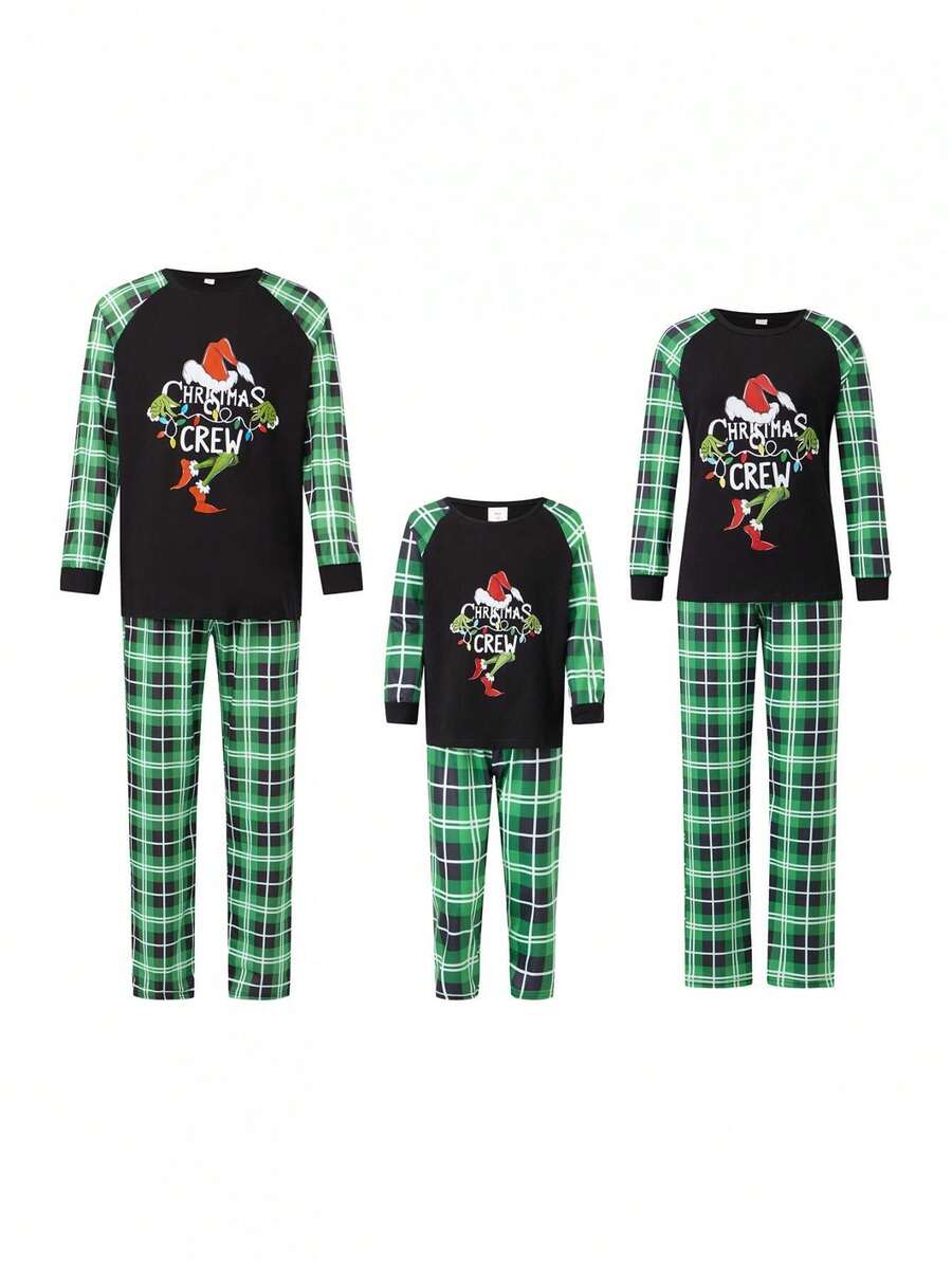 Christmas Parent-Child Pajama Set, Including A Green Monster-Patterned Long-Sleeved Top And Plaid Trousers. Christmas Loungewear. Christmas Parent-Child Pajama Set, Including A Green Monster-Patterned Long-Sleeved Top And Plaid Trousers. Christmas Loungewear.