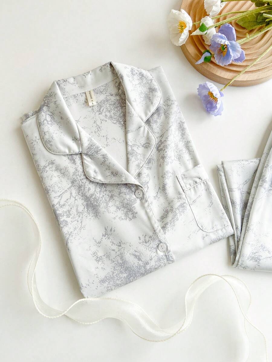 2pcs Women's Ink Printing Ice Silk Simple Home Wear Long Sleeve Top And Pants, Two Pieces Set 2pcs Women's Ink Printing Ice Silk Simple Home Wear Long Sleeve Top And Pants, Two Pieces Set