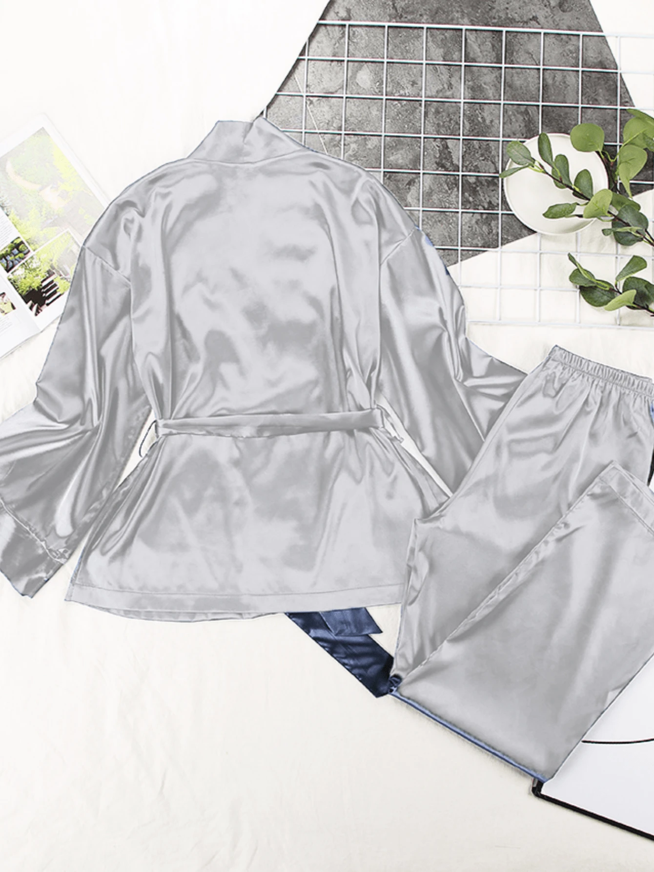 2pcs Women Solid Color Ice Silk Tied Long Sleeve Cardigan And Wide-Leg Pants Sleepwear Set, Comfy, Two Pieces Set 2pcs Women Solid Color Ice Silk Tied Long Sleeve Cardigan And Wide-Leg Pants Sleepwear Set, Comfy, Two Pieces Set