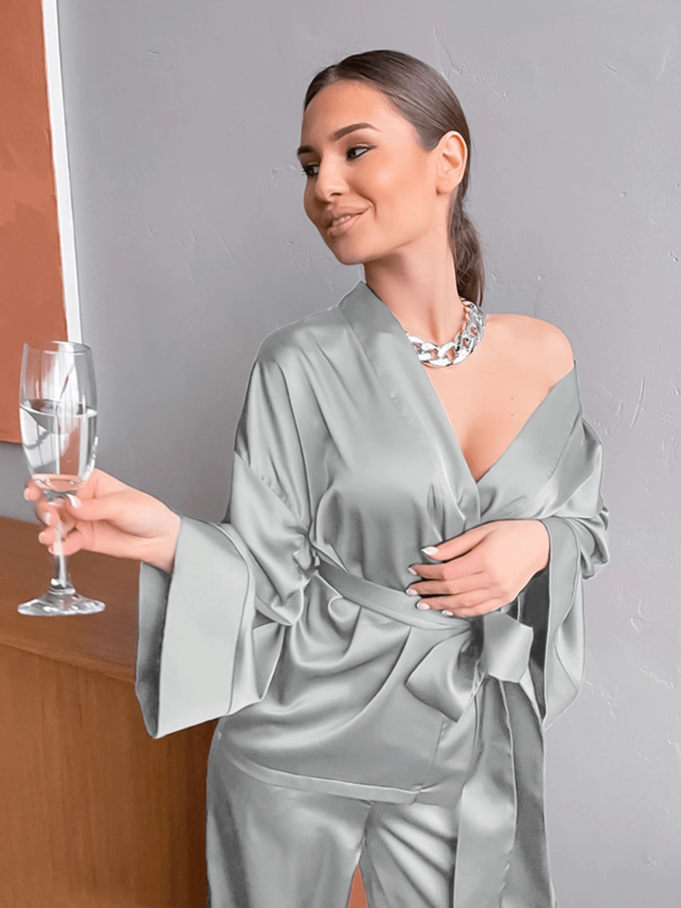 2pcs Women Solid Color Ice Silk Tied Long Sleeve Cardigan And Wide-Leg Pants Sleepwear Set, Comfy, Two Pieces Set 2pcs Women Solid Color Ice Silk Tied Long Sleeve Cardigan And Wide-Leg Pants Sleepwear Set, Comfy, Two Pieces Set