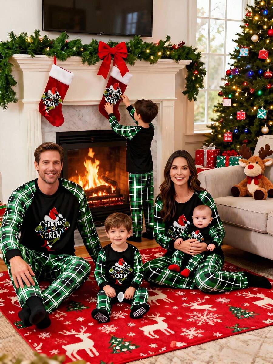 Christmas Parent-Child Pajama Set, Including A Green Monster-Patterned Long-Sleeved Top And Plaid Trousers. Christmas Loungewear. Christmas Parent-Child Pajama Set, Including A Green Monster-Patterned Long-Sleeved Top And Plaid Trousers. Christmas Loungewear.
