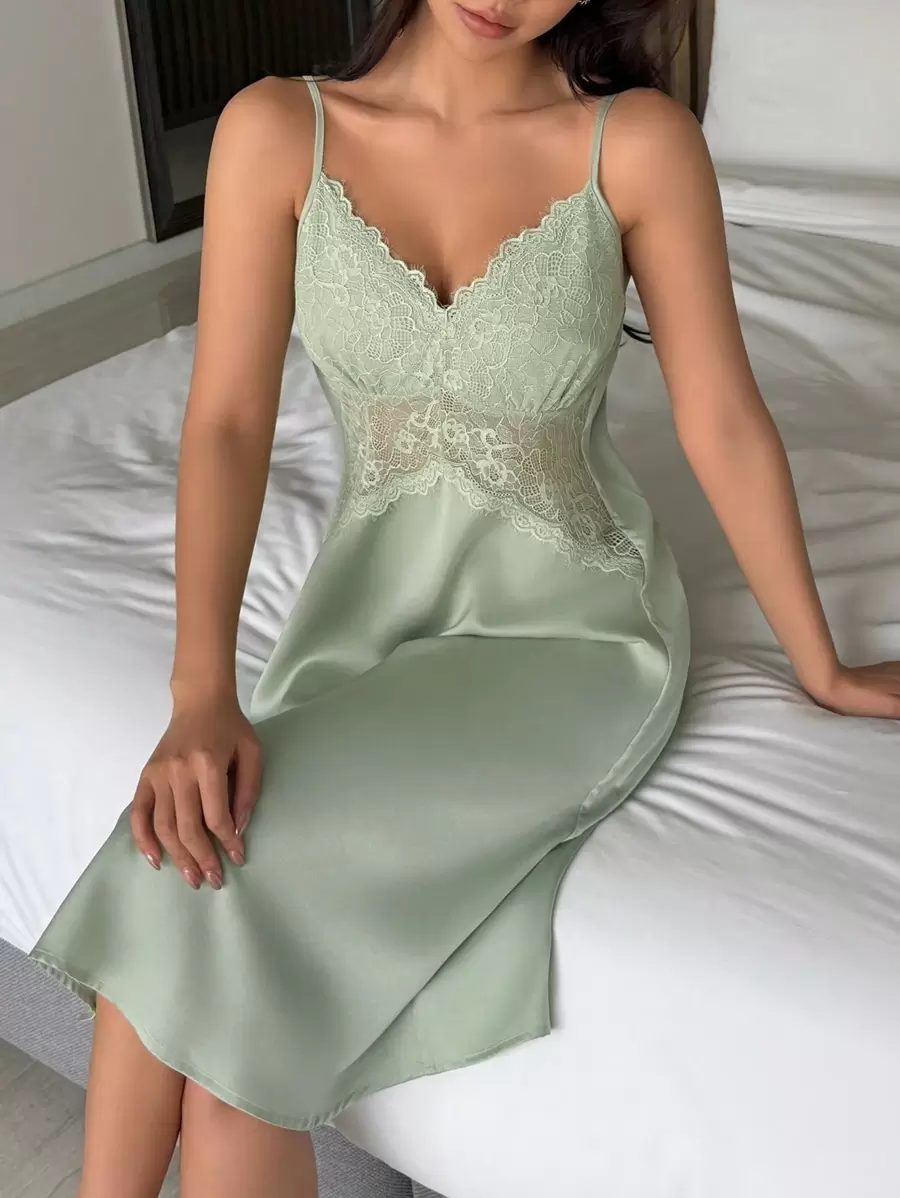 Translucent lace patchwork satin suspender pajamas, pajamas Translucent lace patchwork satin suspender pajamas, pajamas