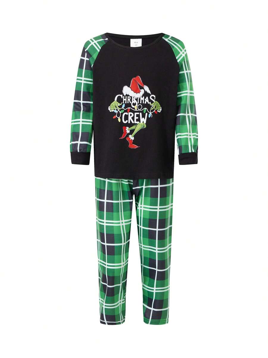 Christmas Parent-Child Pajama Set, Including A Green Monster-Patterned Long-Sleeved Top And Plaid Trousers. Christmas Loungewear. Christmas Parent-Child Pajama Set, Including A Green Monster-Patterned Long-Sleeved Top And Plaid Trousers. Christmas Loungewear.