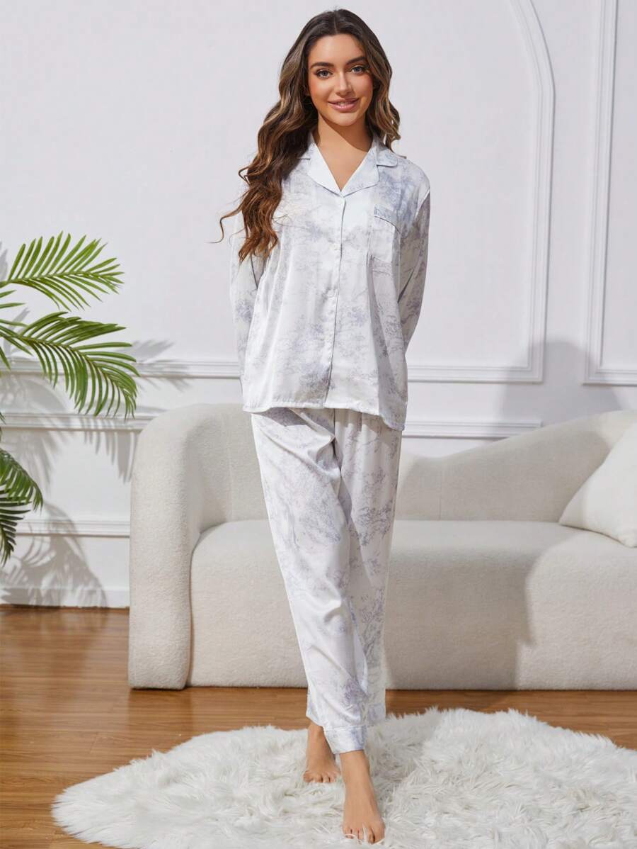 2pcs Women's Ink Printing Ice Silk Simple Home Wear Long Sleeve Top And Pants, Two Pieces Set 2pcs Women's Ink Printing Ice Silk Simple Home Wear Long Sleeve Top And Pants, Two Pieces Set
