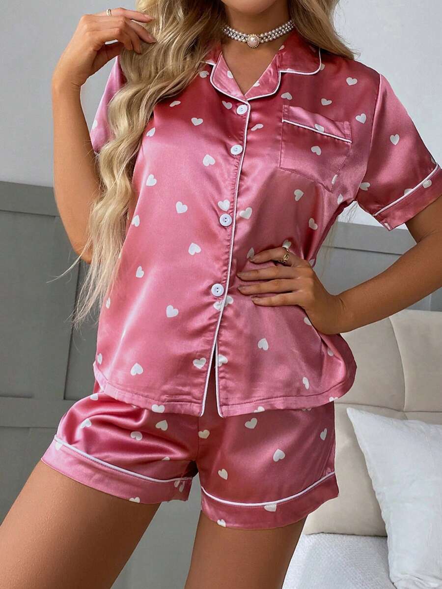 Imitated Silk Heart Print Short Sleeve Top And Shorts Pajamas Set Imitated Silk Heart Print Short Sleeve Top And Shorts Pajamas Set