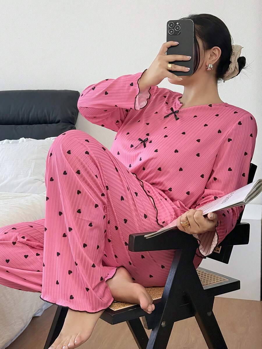 Plus Size Women Ribbed Ruffle Trim Heart Print Long Sleeve Top & Pants Pajama Set With Bow, Winter Clothes Plus Size Women Ribbed Ruffle Trim Heart Print Long Sleeve Top & Pants Pajama Set With Bow, Winter Clothes