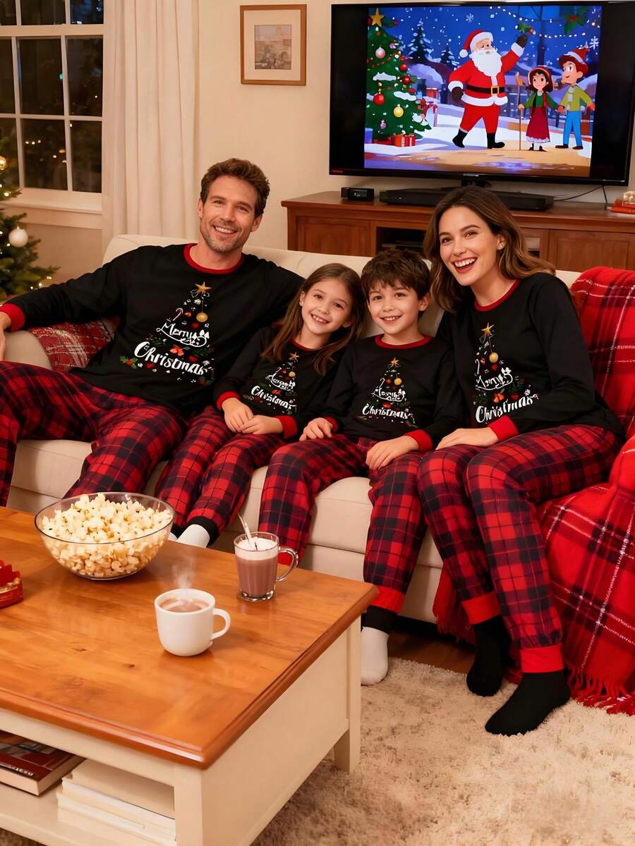 Christmas Pajama Set For Parents And Children - Long-Sleeved Top With Letter And Snowflake Print + Plaid Trousers, Soft Pure Cotton Loungewear, Suitable For A Family Of Four. Homewear Set, Parent-Child Set. Christmas Pajama Set For Parents And Children - Long-Sleeved Top With Letter And Snowflake Print + Plaid Trousers, Soft Pure Cotton Loungewear, Suitable For A Family Of Four. Homewear Set, Parent-Child Set.