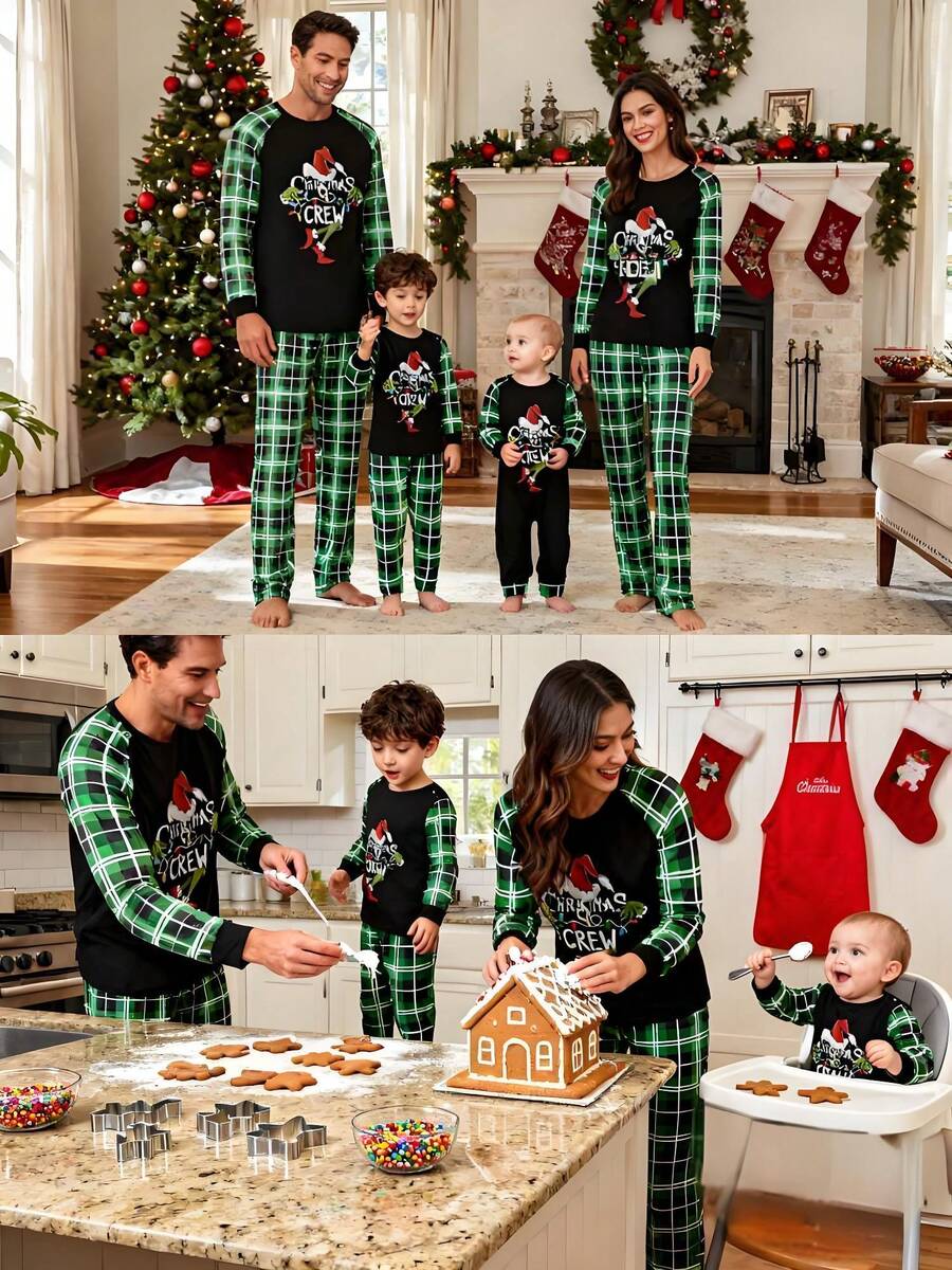 Christmas Parent-Child Pajama Set, Including A Green Monster-Patterned Long-Sleeved Top And Plaid Trousers. Christmas Loungewear. Christmas Parent-Child Pajama Set, Including A Green Monster-Patterned Long-Sleeved Top And Plaid Trousers. Christmas Loungewear.