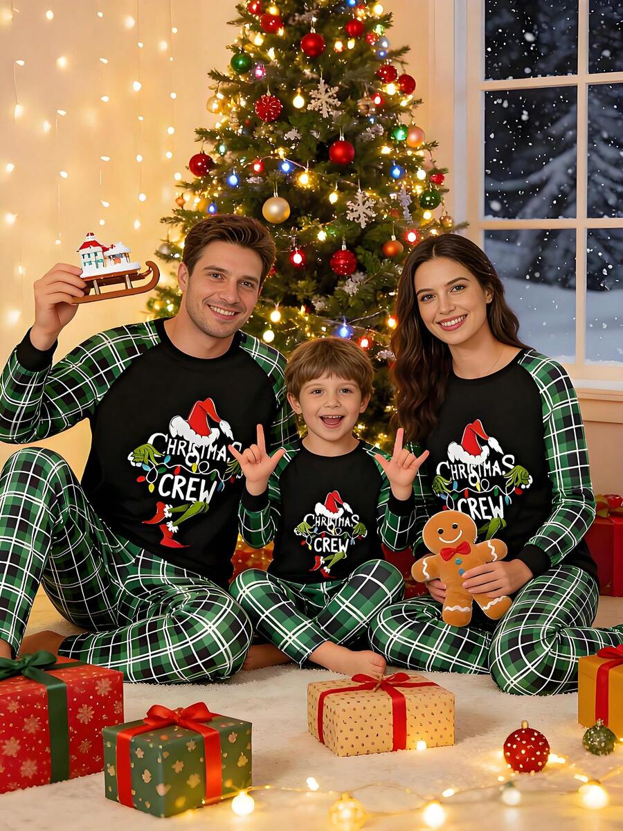 Christmas Parent-Child Pajama Set, Including A Green Monster-Patterned Long-Sleeved Top And Plaid Trousers. Christmas Loungewear. Christmas Parent-Child Pajama Set, Including A Green Monster-Patterned Long-Sleeved Top And Plaid Trousers. Christmas Loungewear.