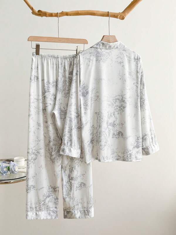 2pcs Women's Ink Printing Ice Silk Simple Home Wear Long Sleeve Top And Pants, Two Pieces Set 2pcs Women's Ink Printing Ice Silk Simple Home Wear Long Sleeve Top And Pants, Two Pieces Set