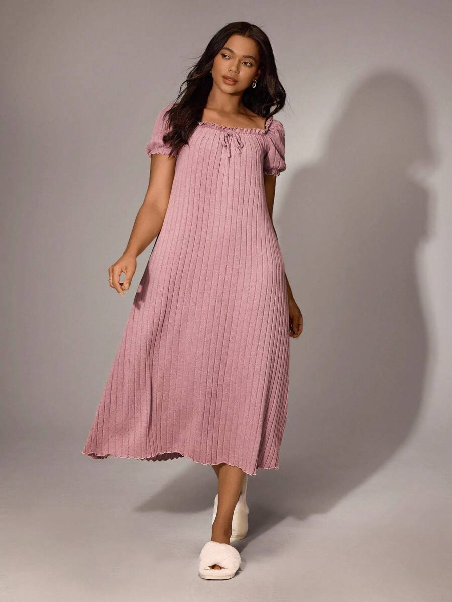 Women's Ribbed Solid Color Ruffle Trim Loose Square Neck Long Nightgown Women's Ribbed Solid Color Ruffle Trim Loose Square Neck Long Nightgown