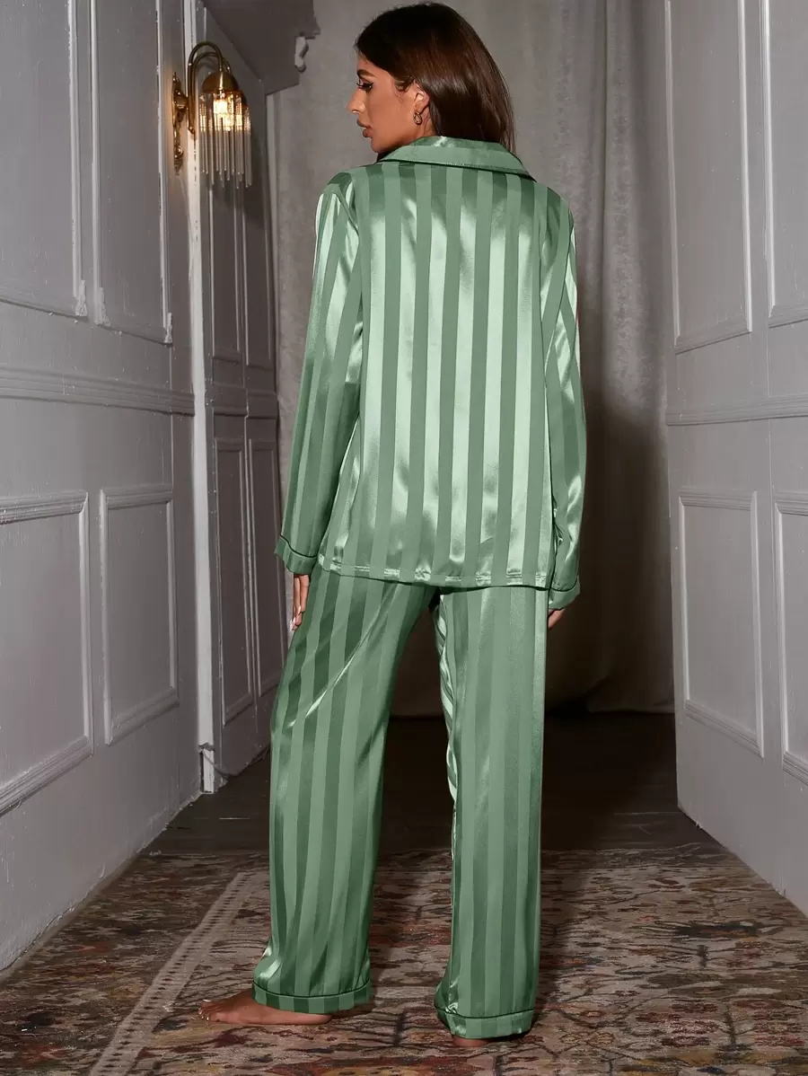 Contrast Binding Satin Pajama Set, Fall Winter Clothes Contrast Binding Satin Pajama Set, Fall Winter Clothes