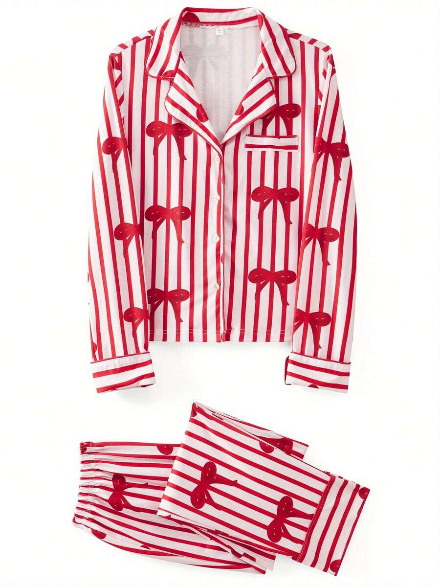 Christmas Family Casual Shirt Set, Long-Sleeved Collared Button-Down Shirt + Trousers, Two-Piece Set, Bow Tie Solid Color. Parent-Child Set, Christmas Family Parent-Child Set.