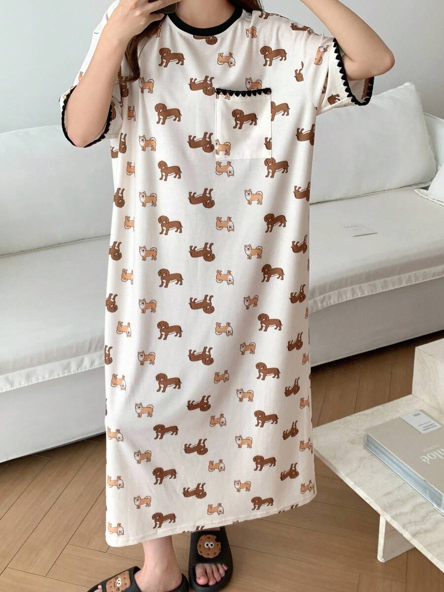 Puppy Print Embroidered Contrast Trim Loose Women's Nightgown Pajamas