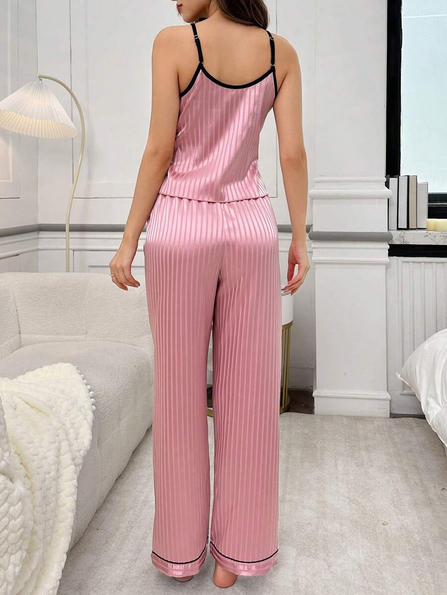 Ladies English Embroidered Faux Silk Striped Camisole Top & Pants Pajama Set Ladies English Embroidered Faux Silk Striped Camisole Top & Pants Pajama Set