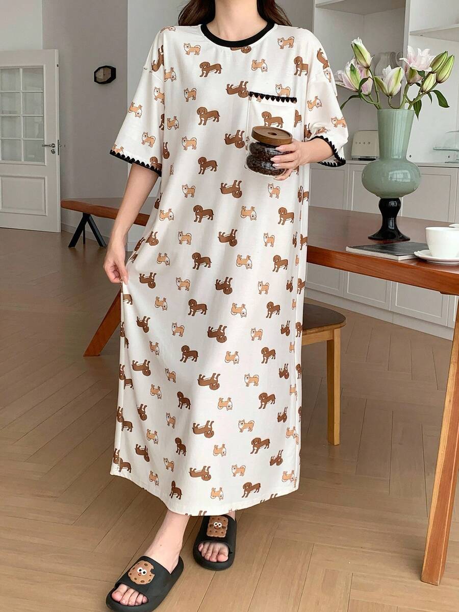 Puppy Print Embroidered Contrast Trim Loose Women's Nightgown Pajamas Puppy Print Embroidered Contrast Trim Loose Women's Nightgown Pajamas