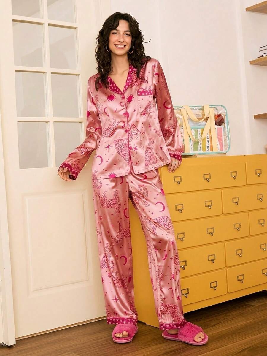Valentine's Day Couple Fashion Leopard, Star, Heart Print Contrast Cuff & Collar Open Front Colorblock Pink Women PJS Pajamas Sets Valentine's Day Couple Fashion Leopard, Star, Heart Print Contrast Cuff & Collar Open Front Colorblock Pink Women PJS Pajamas Sets