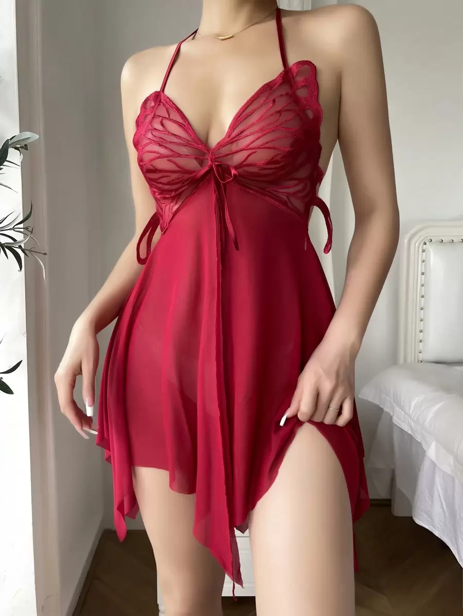 Women's mesh halter neck tie sexy pajamas nightdress Women's mesh halter neck tie sexy pajamas nightdress