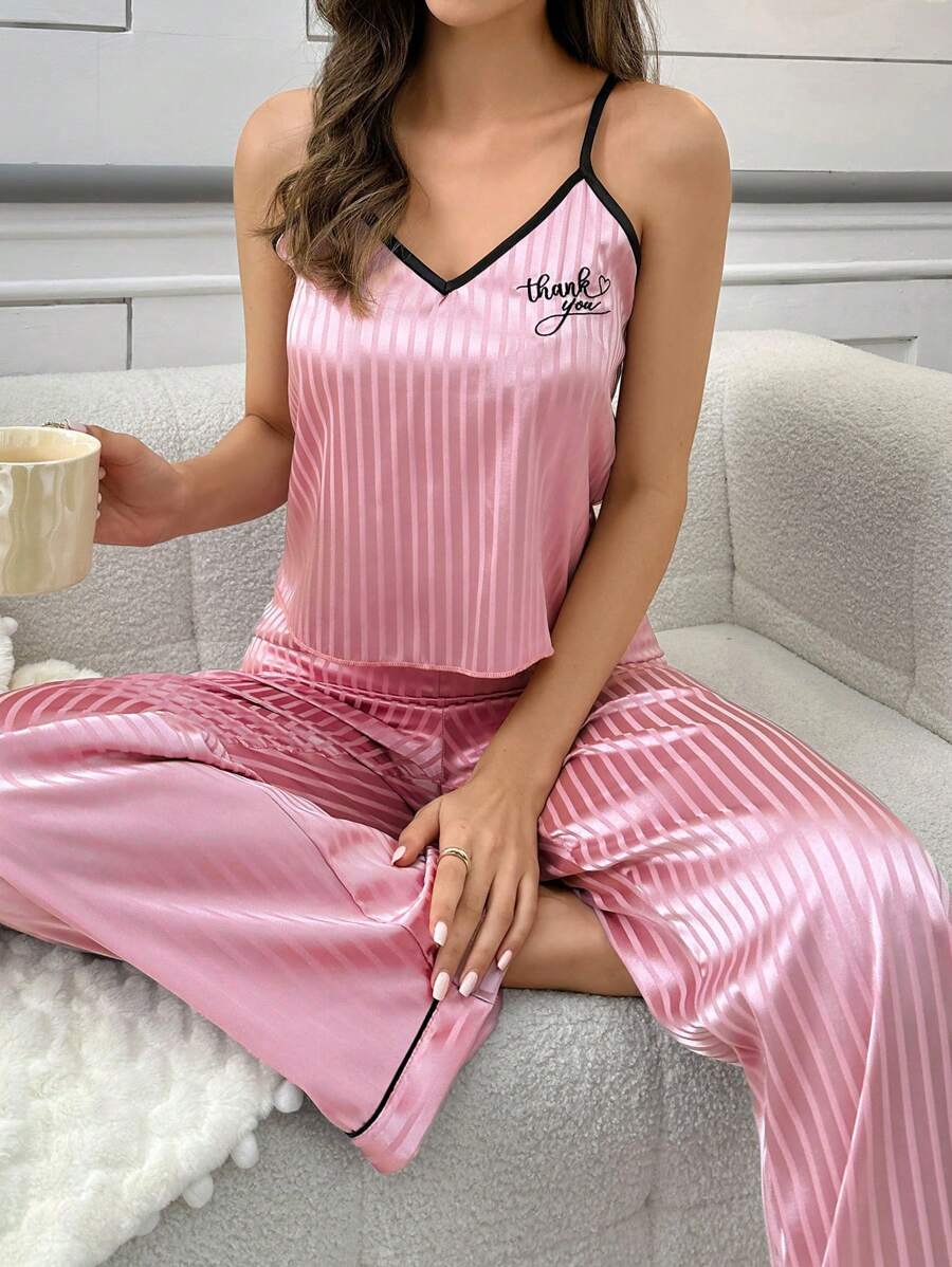 Ladies English Embroidered Faux Silk Striped Camisole Top & Pants Pajama Set Ladies English Embroidered Faux Silk Striped Camisole Top & Pants Pajama Set