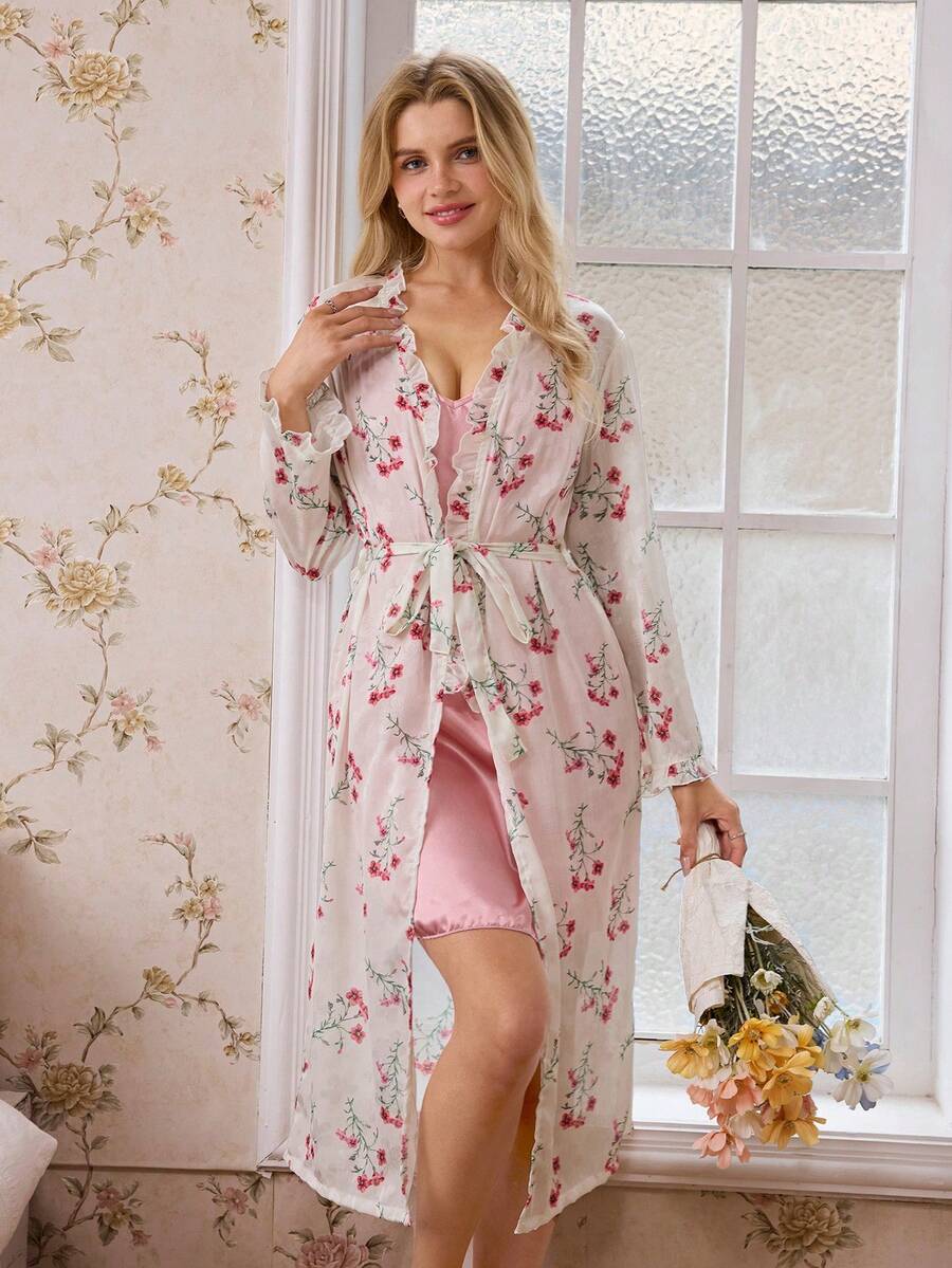 Two-piece floral print sheer jacket and satin slip dress set Two-piece floral print sheer jacket and satin slip dress set