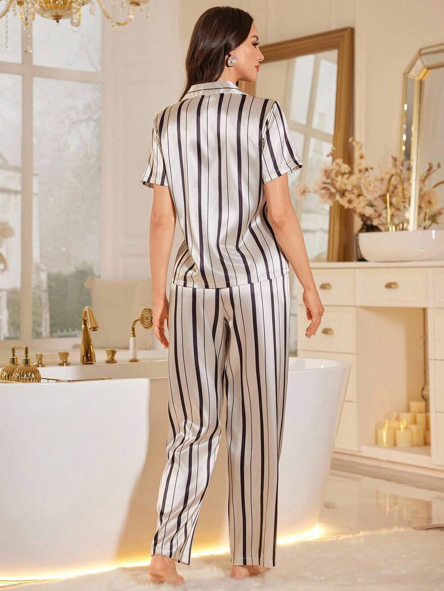 Women's new striped pocket embroidered short-sleeved pajama set women's satin pajama set Women's new striped pocket embroidered short-sleeved pajama set women's satin pajama set
