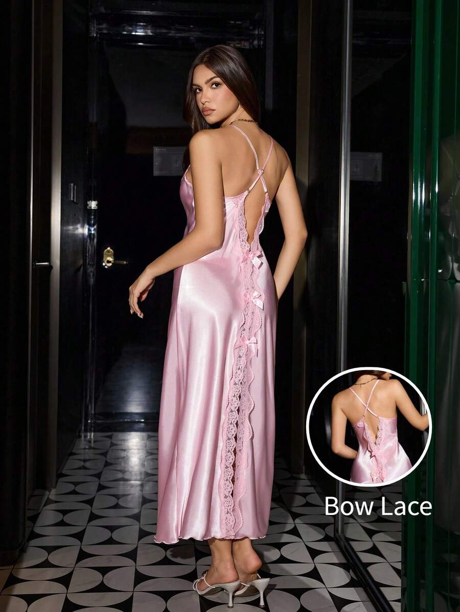 Backless bow lace stitching imitation silk sexy nightgown