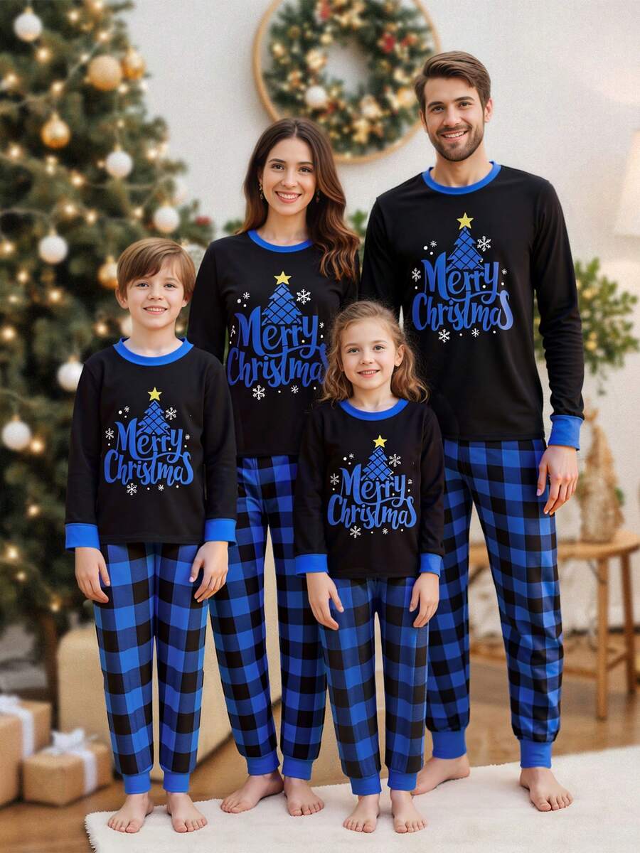 Christmas Parent-Child Pajama Set: Long-Sleeved Top With Star, Moon, And Tree Print Paired With Buffalo Plaid Trousers. Christmas Parent-Child Pajama Set: Long-Sleeved Top With Star, Moon, And Tree Print Paired With Buffalo Plaid Trousers.